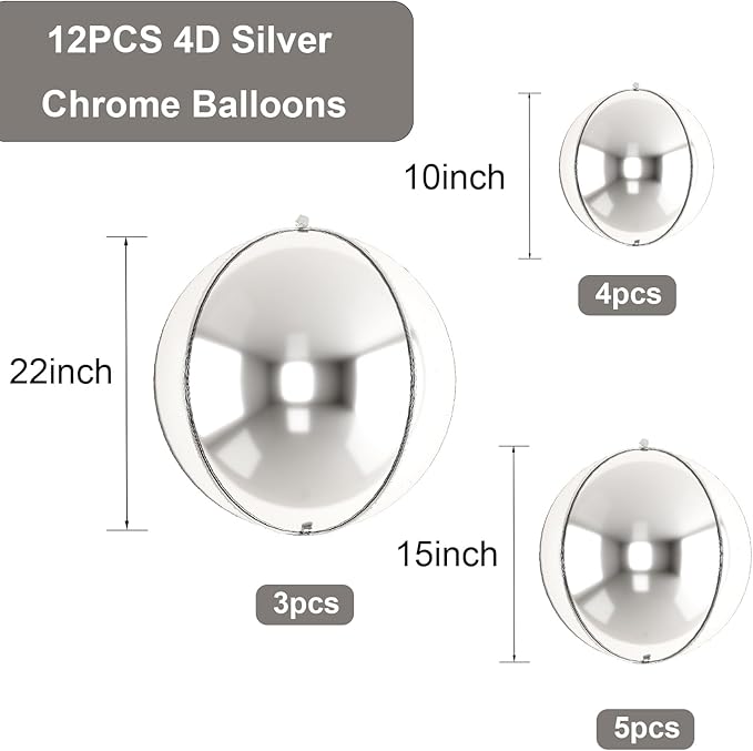 12PCS Silver Foil Balloons, 22in 15in 10in Different Sizes 4D Round Foil Balloon Large Silver Metallic Sphere Balloons for Graduation New Year Birthday Party Ceiling Decorations