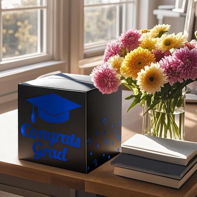 Graduation Card Box Holder, Congrats Grad Foldable Cardboard Decorations Box for Graduation Party Decoration and Grad Parties (Black-blue)