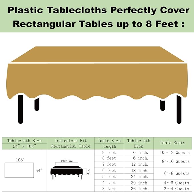 Plastic Gold Tablecloths 3 Pack Disposable Table Covers 54 x 108 Inch Golden Table Cloths for Fall Parties Harvest Graduations Anniversary Thanksgivings Weddings, Fits 6 to 8 Foot Rectangle Tables