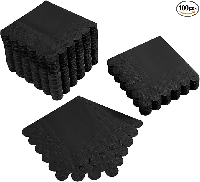 100 Pack Cocktail Napkin 2-Ply Scalloped Edged Dessert Napkins Folded 5 x 5 Inches Disposable Napkins for Dinner Wedding Birthday Party Bridal Anniversary Reception Event (Black)
