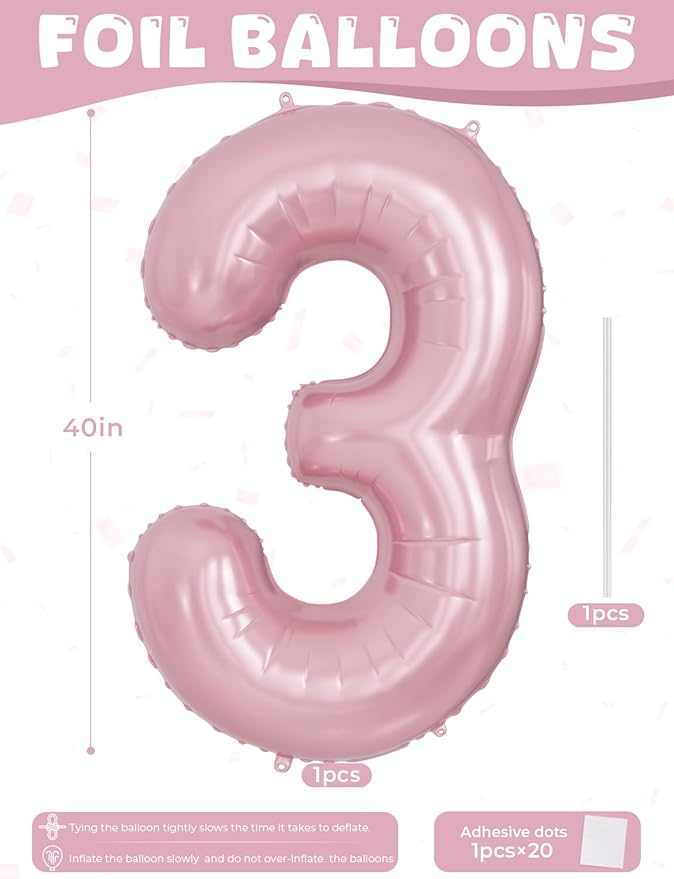 Pink Number 3 Balloons – 40 Inch Giant Foil Number Balloon, Light Pink Number Balloon for Girls Birthday, Baby Shower & Princess Theme Party Decorations