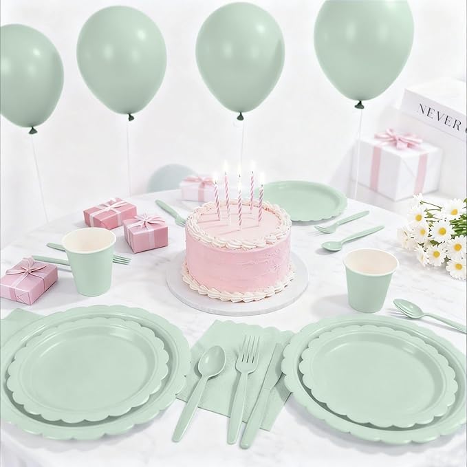 176 PCS Sage Green Party Decorations Includes Plates, Napkins, Cups, Cutlery, Tablecloth for Wedding Bridal Shower Birthday Baby Shower Party Decorations, Serves 25