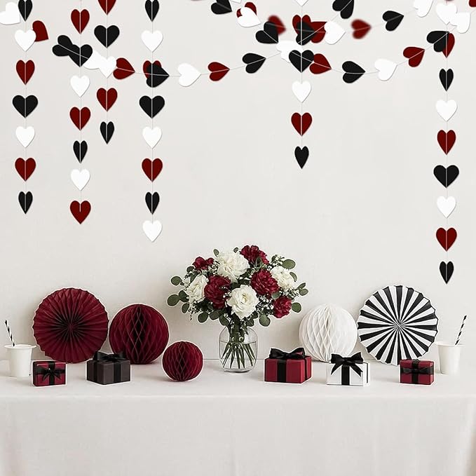 White Black and Burgundy Birthday-Decorations - 52Ft Heart Paper Garland Decoration Streamers Party Banner Bridal Baby Shower Wedding Bachelorette Engagement Graduation Hanging Decor Hongtongtong