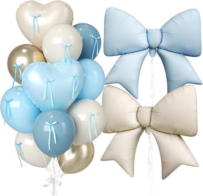Blue and Cream Heart Balloons, 38 Inch Bow Balloons, Dusty Baby Blue Sand White Champagne Gold Balloon and Bow Heart Shaped Foil Balloon for boys Birthday Baby Boy Shower Valentines Day Decorations
