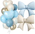 Blue and Cream Heart Balloons, 38 Inch Bow Balloons, Dusty Baby Blue Sand White Champagne Gold Balloon and Bow Heart Shaped Foil Balloon for boys Birthday Baby Boy Shower Valentines Day Decorations