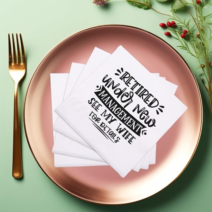 Retirement Cocktail Napkins Party Napkins Beverage Napkins Bar Napkins Disposable Paper Novelty Humorous Gag Gift 100Pcs 4.5 x 4.5 16-ply (Retired Under New Management See My Wife For Details)