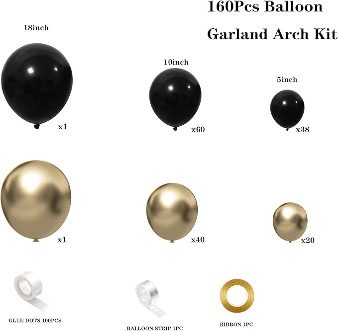 Black and Gold Balloon Garland Arch Kit, 160PCS Black Gold Latex Balloons for New Year Wedding Anniversary Birthday Party Decorations