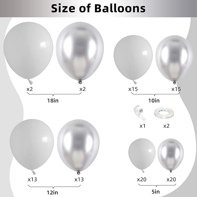 Silver and White Balloon Garland Kit, Metallic Silver White Balloon Arch Kit, Helium Latex Balloons Different Sizes 18/12/10/5 Inch for Wedding Birthday Baby Shower Anniversary Party Decorations
