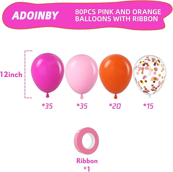 Pink and Orange Balloons, 100Pcs 12inch Hot Pink Orange Pink Latex Balloons and Confett Balloons with 1 Ribbons for Birthday Baby Shower Wedding Graduation Tropical Party Decoration