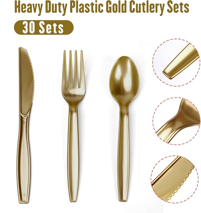 Lzerking Party Supplies Set - 210 Pieces of White and Gold Dot Paper Plates, Cups, Napkins, and Heavy Duty Silverware for 30 Guests for Birthdays, Graduation, Wedding, Festivals