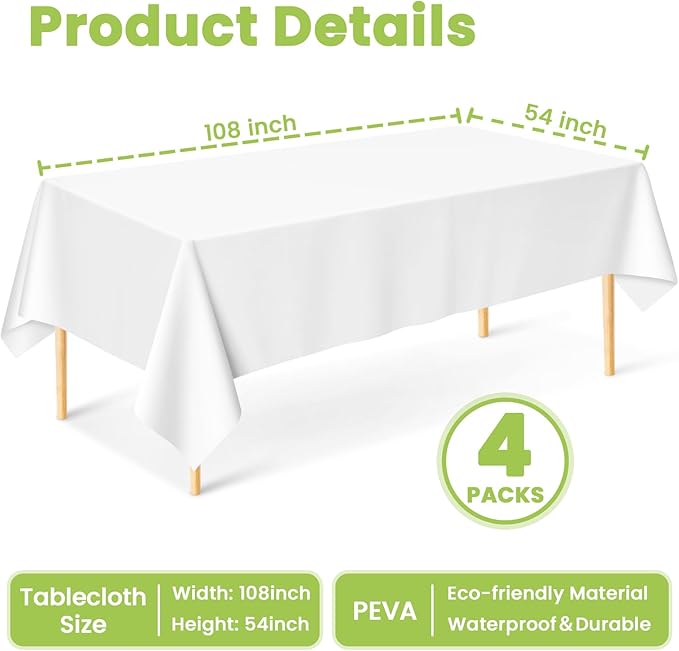 Mulbozy White Plastic Table Cloth Disposable 4 Pack, 54 × 108 Inch Tablecloths Rectangle, White Plastic Table Cover for Party Decor