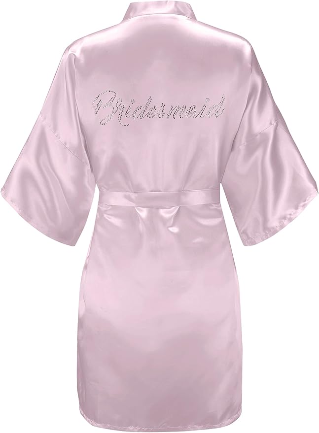 EPLAZA Women's One Size Silver Rhinestones Bride Bridesmaid Short Satin Robes for Wedding Party Getting Ready