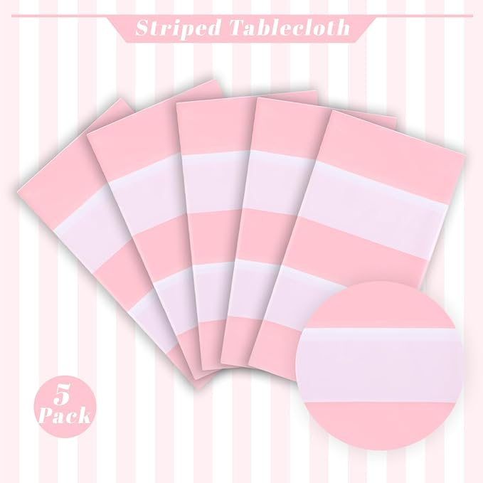 Kesfey 5 Pack Pink and White Vertical Striped Tablecloth - 54 x 108 Inch Waterproof Pink Striped Picnic Table Cover for Birthday Party