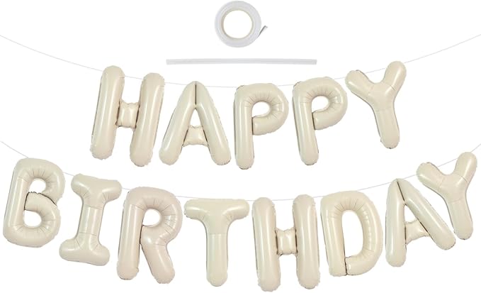 TONIFUL Cream White Happy Birthday Balloons Banner, 16 Inch Mylar Foil Letters Sign Bunting Reusable for Girls Boys Kids & Adults Decorations and Party Supplies