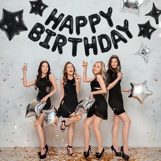 TONIFUL 35PCS Black Happy Birthday Decorations Kit 16 Inch Happy Birthday Balloon Banner with Star Balloons Mylar Foil Birthday Party Decorations Supplies for Men Women Adults Girls Boys Kids