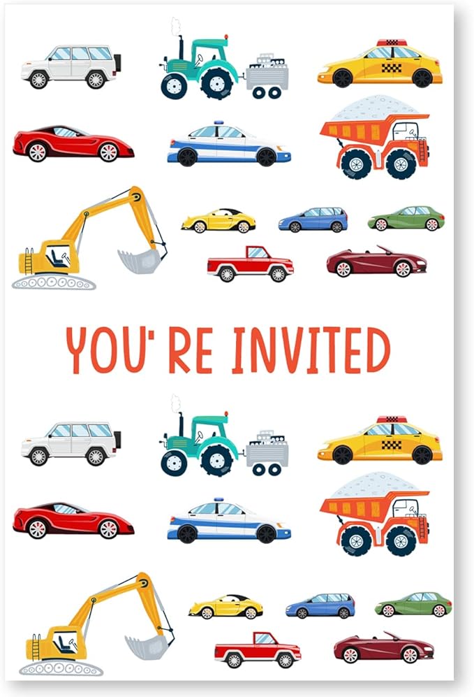 Soiceu Cute Transportation Birthday Invitations with Envelopes Set of 20 Cars Truck Vehicle Birthday Party Invites for Boys Girls