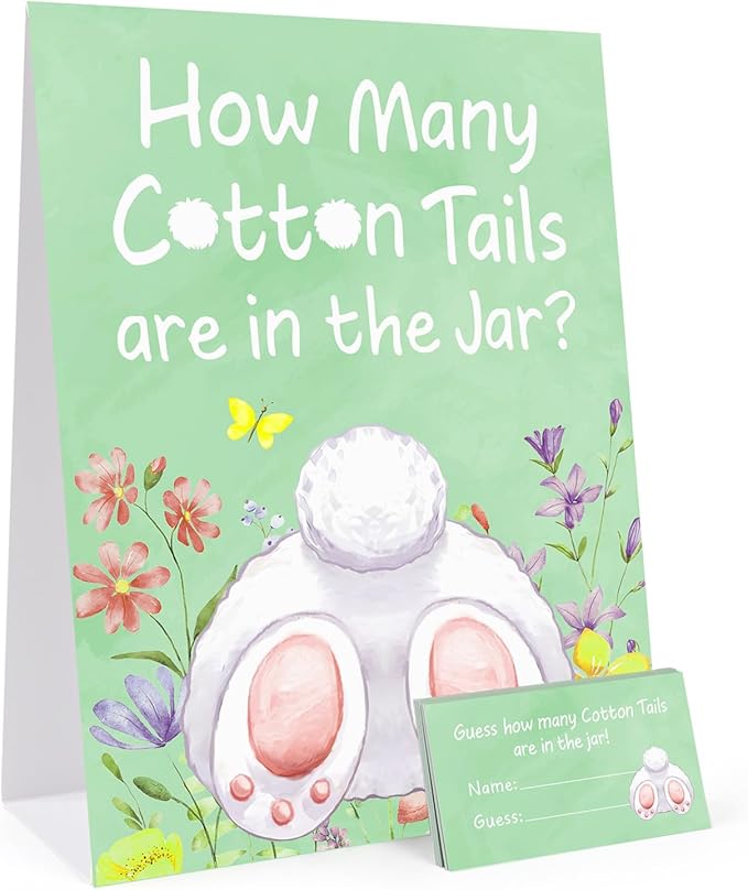 COCHIE 30 Players Easter Games for Adults family Large Groups, How Many Cotton Tails Are in the Jar Easter Party Game, Spring Games Classroom Bunny Brunch Sign with Cards (Green)