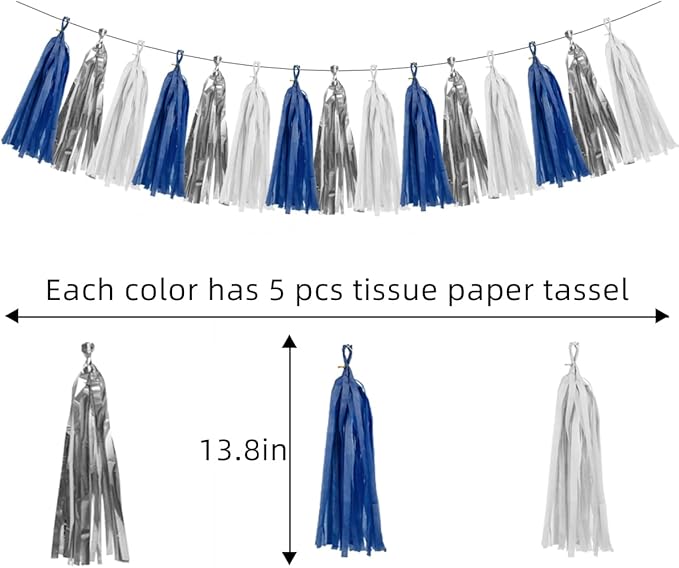 Silver Navy-Blue White Birthday-Party-Decorations - 15Pcs Tissue Paper Tassel Garland Graduation Christmas Decoration Baby Shower Bridal Wedding Engagement Bachelorette Hanging Decor HongTongTong