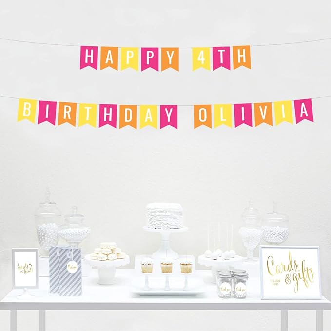 Andaz Press Personalized Hanging Pennant Banner Party Decorations, Fuchsia, Orange, Yellow, Happy 4th Birthday Olivia, 1-Pack, Approx. 5-Feet, Custom Name and Number, Fiesta Taco Summer Luau Theme