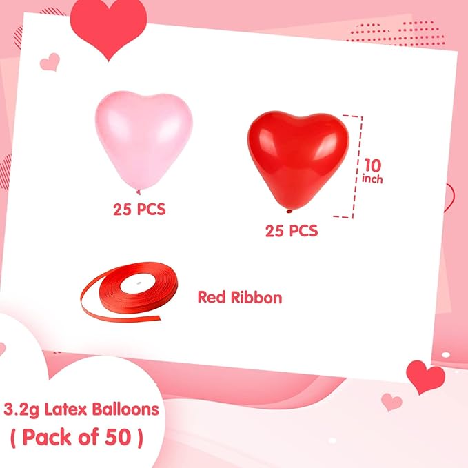 50 Pcs10-inch Love Heart Balloons Red Pink Latex Heart Balloons for Valentines Day Wedding Anniversary Engagement Birthday Garden Company Celebration Graduation Prom Party Romantic Decorations