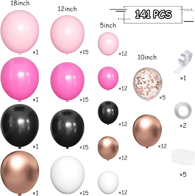 Hot Pink Black and Gold Balloon Arch Kit, 141Pcs Rose Red Black Dusty Rose Gold Metallic Pastel Pink White Balloons for Birthday Wedding Bachelorette Gender Reveal Anniversary