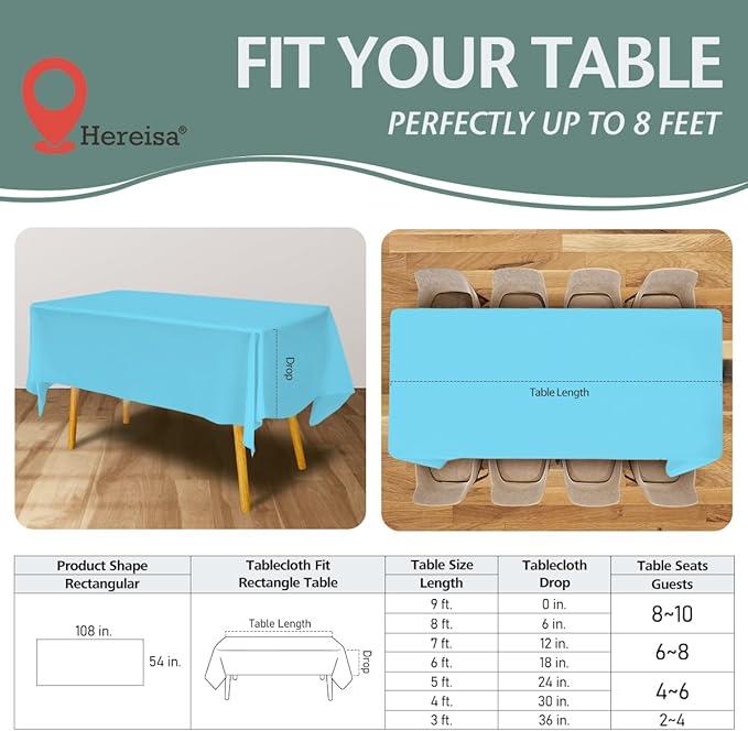 Disposable Plastic Tablecloth 54x108 Inch Rectangle - Sky Blue, 4 Pack Waterproof & Tear-Resistant Party Table Cover for Dining, Picnic, Crafts, Holiday Decor