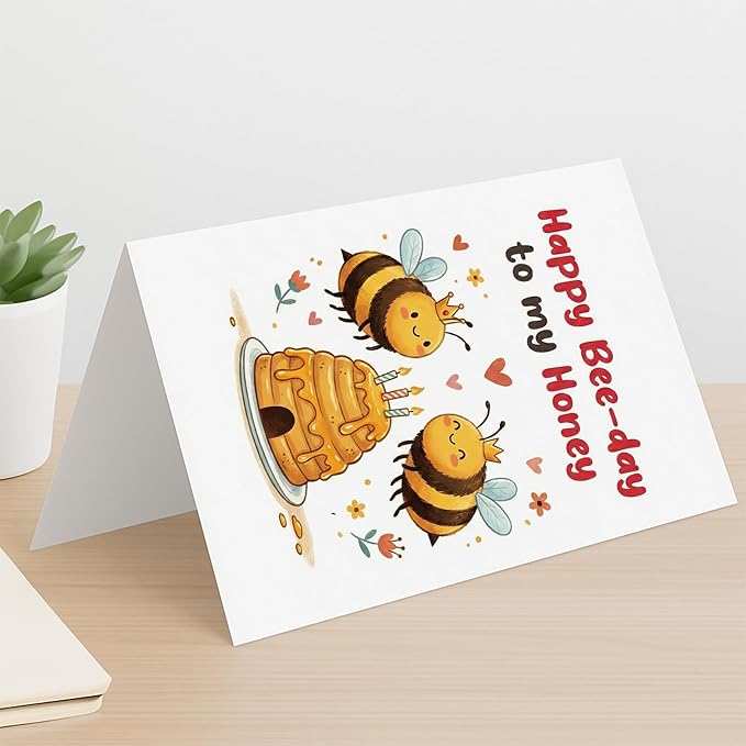 KINGNAME Cute Bee Pun Birthday Card for Wife Husband Girlfriend Boyfriend, Happy Bee-Day to My Honey, Sweet Anniversary Love Greeting Card for Partner