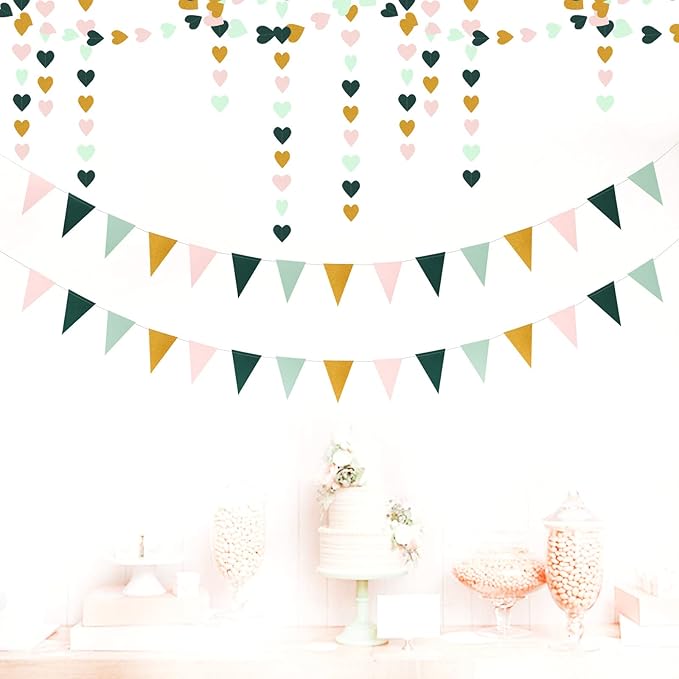 Sage-Green Mint Pink-Gold Love-Heart Garland - 52Ft Rustic Wedding Hanging Decoration Streamers Banner,Valentines Mothers Day Bachelorette Bridal Shower Engagement Party Bunting Lasting Surprise
