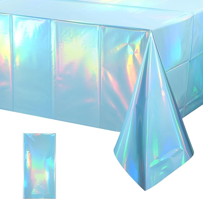 1 Pack Iridescent Light Blue Tablecloth for Parties, Pastel Blue Holographic Plastic Table Cover, Disposable Laser Baby Blue Table Cloth for Birthday Wedding Baby Shower Party Decorations, 54x108 Inch