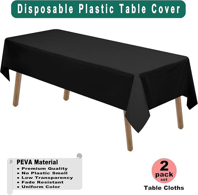 PARTY ULYJA Black Plastic Tablecloths 2 Pack Disposable Table Covers 54 x 108 Inch PEVA Opaque Table Cloths for BBQ Picnic Birthday Wedding Banquet Parties 8 ft Rectangle Table Use