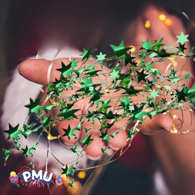 PMU 25 Ft Star Garlands with Wire, Shiny Metallic Garland for Christmas Party, Wedding, Birthday, Halloween Festive Home Decoration Ornament, Green