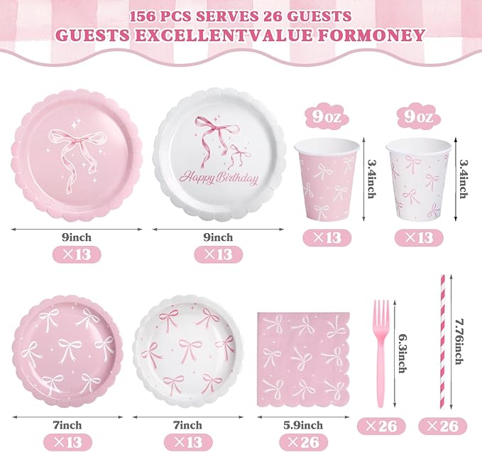 156 Pcs Pink Bow Party Plates and Napkins Cups Tableware Sets for Coquette Birthday Decorations, Pink Birthday Supplies Include Straws, Pink Party Decorations Which Can Serve 26