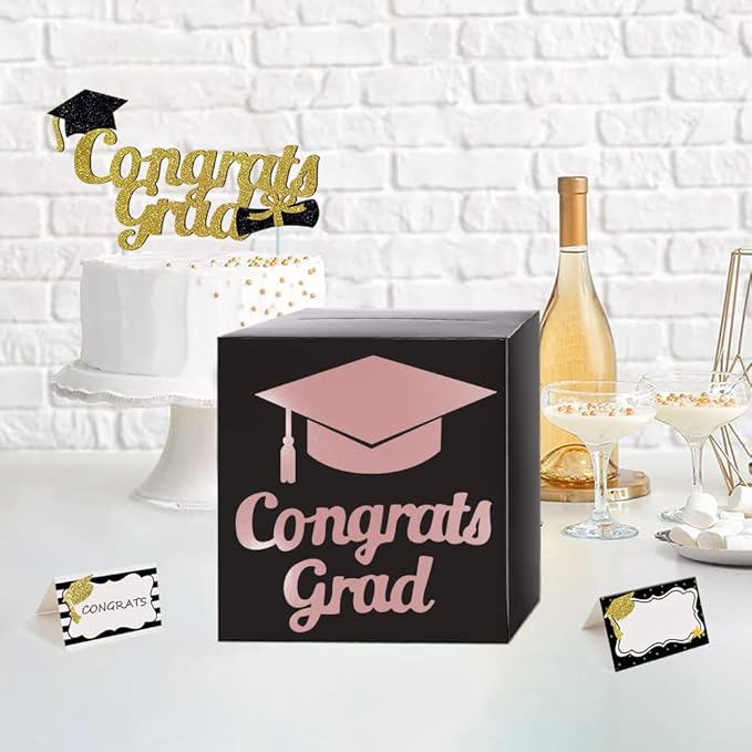 Graduation Card Box Holder, Congrats Grad Foldable Cardboard Decorations Box for Graduation Party Decoration and Grad Parties (Rose Gold)