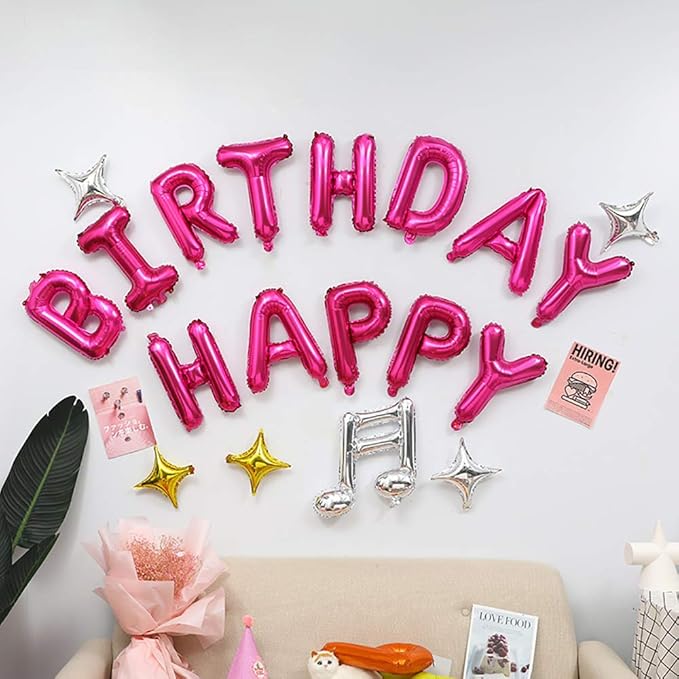 KALOR Hot Pink Happy Birthday Balloons Banner, 16 Inch Mylar Foil Letters Balloon Sign for Birthday Party Decorations Photo Booth Backdrop