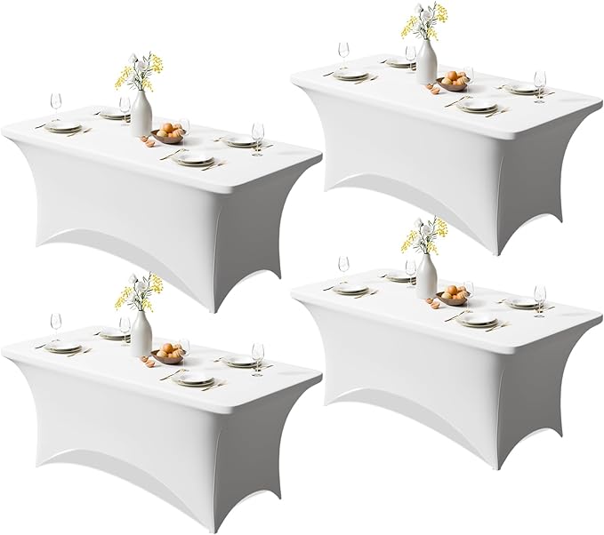 Trlyc 4 Pack 6FT Spandex Table Cloth - 72 x 30 Inch Rectangular Stretch Tablecloth, Wrinkle Resistant Scretch Table Cover for Wedding, Party, Banquet, Picnic, Outdoor Decoration (4Pcs,White)