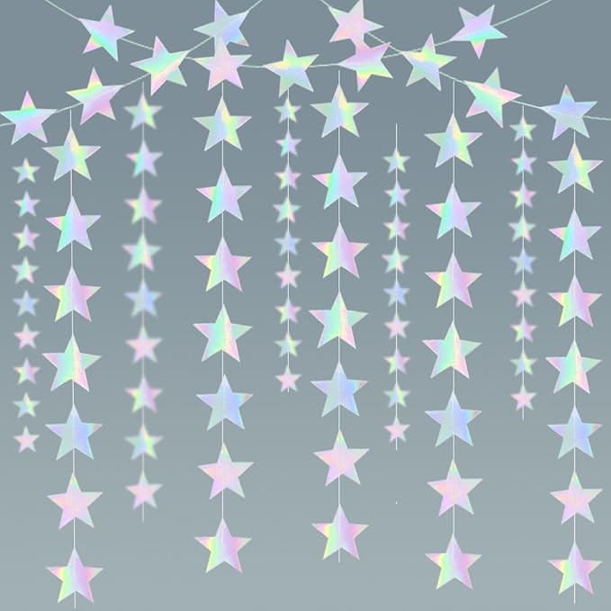 Iridescent Glitter Star Garland Hanging Decorations, Streamer Bunting Banner Decorations,65 Feet, Twinkle Star Backdrop for Graduation, Birthday, Wedding, Christmas Party, New Year (Iridescent)