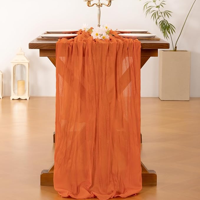Socomi 3pcs Orange Cheesecloth Table Runner Easter Spring Boho Rustic Gauze 120 inch 10FT Cheese Cloth Runner for Wedding Party Baby Shower Birthday Home Decor Holiday Decorations