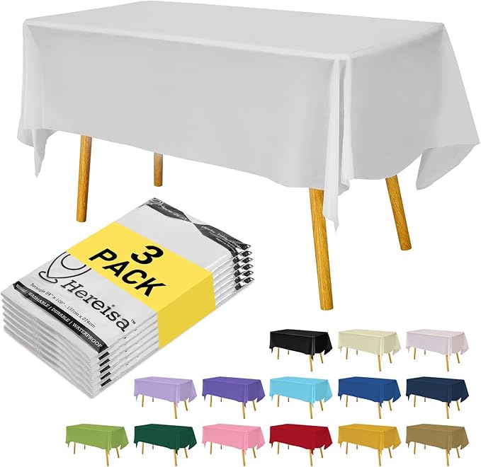 Plastic White Tablecloths 3 Pack Disposable Table Covers 54" x 108" Off White Table Cloths Bridal Party Tablecovers for Parties Engagement Wedding Festivals, Fits 6 to 8 Foot Rectangle Tables