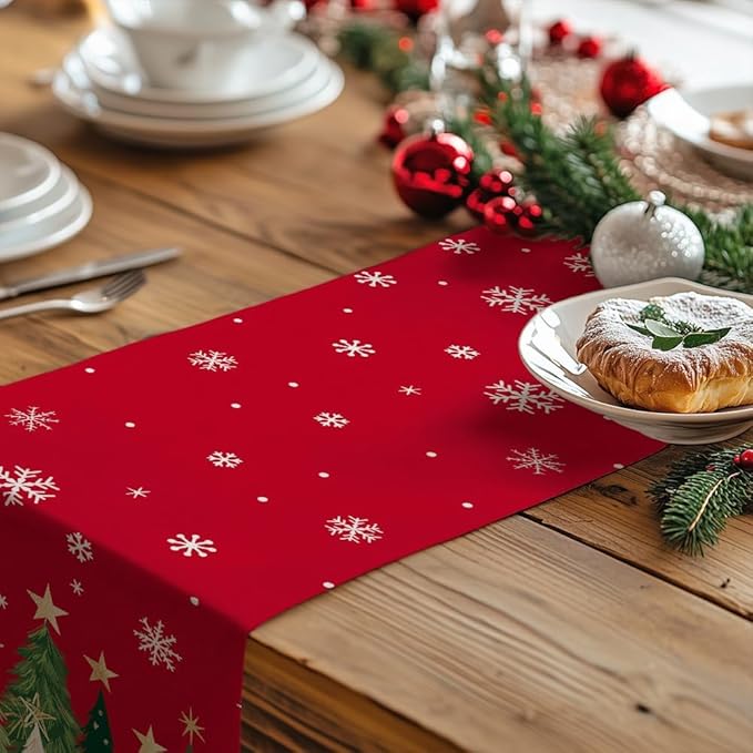 GEEORY Christmas Table Runner 13x90 Inch, Xmas Trees Snowflakes Holiday Decorative Farmhouse Table Decoration for Kitchen Dinning, Indoor Outdoor Dinner Party Decor (Red) GT150-90