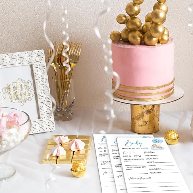 Baby Predictions & Advice Shower Game, 25 Blue Bear & Balloon Theme Ready-to-Play Cards, Fun Icebreaker Activity for Boys, Baby Shower Party Games and Supplies - B04