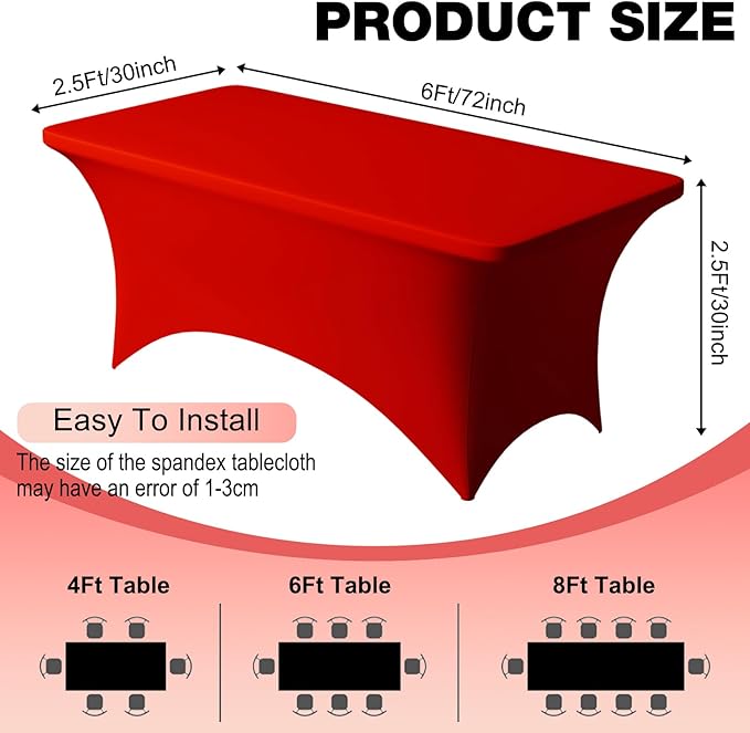 Trlyc 2 Pack 6FT Spandex Table Cloth - 72 x 30 Inch Rectangular Stretch Tablecloth, Wrinkle Resistant Scretch Table Cover for Wedding, Party, Banquet, Picnic, Outdoor Decoration (2Pcs,Red)