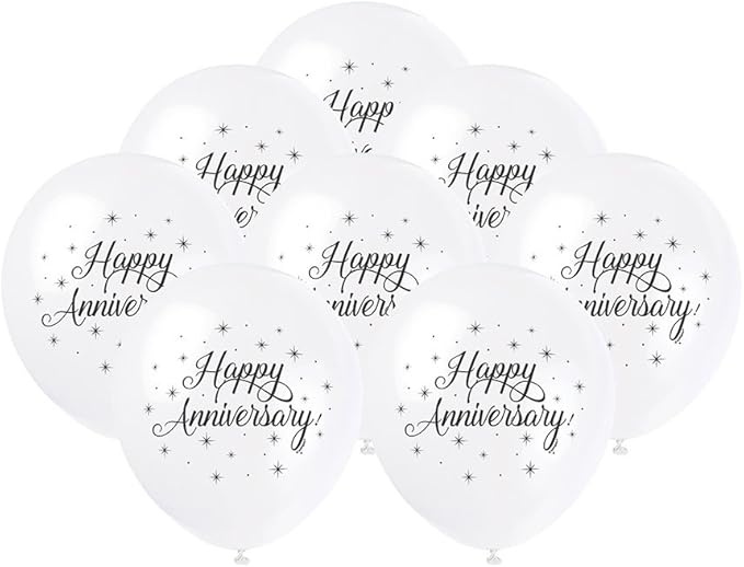 Premium White "Happy Anniversary" Latex Balloons, 12" (8-Pack) - Durable & Elegant Party Decoration, Perfect Special Moments & Occasions