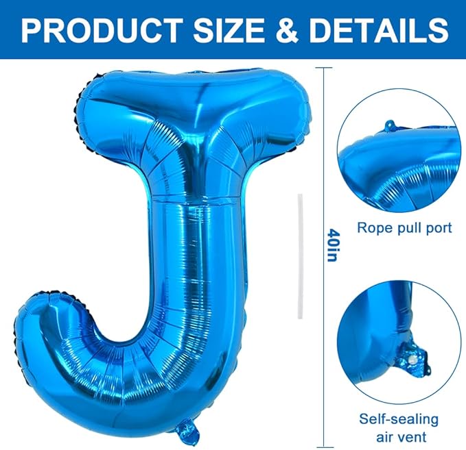 TONIFUL 40 Inch Large Blue Letter J Balloons Giant Alphabet Letter Balloons,Foil Mylar Big Balloons for 2026 Graduation Birthday Party Anniversary New Year Graduation Supplies Decorations