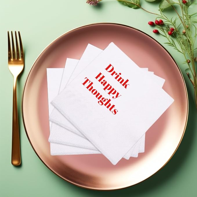 Funny Cocktail Napkins 100Pcs Funny Quotes Saying Disposable Paper Party Napkins 4.5 x 4.5 Two-ply (Drink Happy Thoughts Napkins)