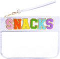 Chenille Letter Bag, Multi-purpose Nylon Clear Makeup Cosmetic Bags Flat Pouches with Zipper for Travel, Gym, Beach (White-Snacks)