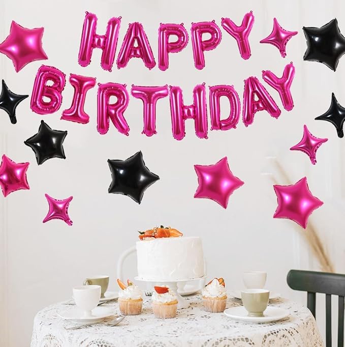 TONIFUL 35PCS 16 Inch Hot Pink Happy Birthday Balloon with Star Balloons,Hot Pink Happy Birthday Balloons Decorations for Girls Boys Kids Men Women Adults Birthday Party Decorations Supplies