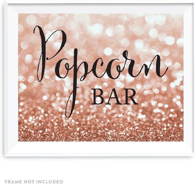 Andaz Press Wedding Party Signs, Glitzy Rose Gold Glitter, 8.5x11-inch, Popcorn Bar Reception Dessert Table Sign, 1-Pack, Bokeh Colored Party Supplies