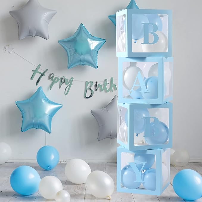 Baby Boxes with Letters for Baby Shower, 4 Transparent Balloon Boxes with Letters for Gender Reveal Birthday Wedding Baby Shower Decorations (Blue)