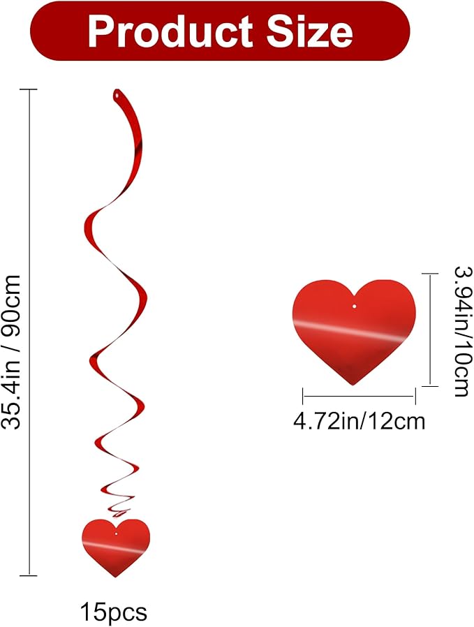 BEISHIDA Red Heart Hanging Swirl Valentine Day Decoration Pre-Strung Hanging Ornament for Wedding Anniversary Engagement Proposal Party Supplies Romantic Party Decorations, Pack of 15