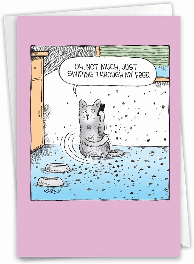 NobleWorks - 1 Humor Birthday Card with Envelope - Funny Cartoons for Birthday Greetings, Celebration Notecard - Swiping Through Feed C2414BDG